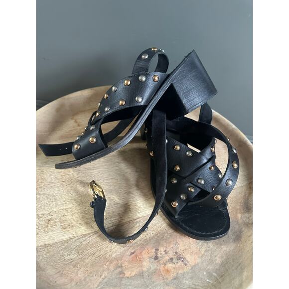 Maje Fiona sandals black leather gold silver studs ankle wrap sz 39 - Picture 4 of 14